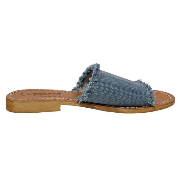 L*SPACE Cocobelle Sun Denim Fringe Slide Sandals 6 - Picture 5 of 9